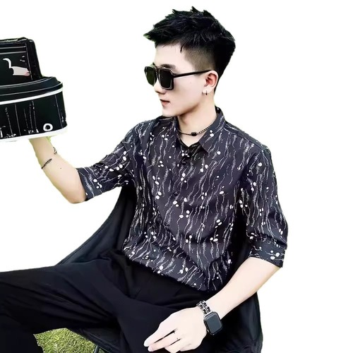 Summer Ice Silk Shirt Men's Short Sleeve Business Casual Iron-Free Collar Shirt Men's Middle-Age Printed Upper Garment