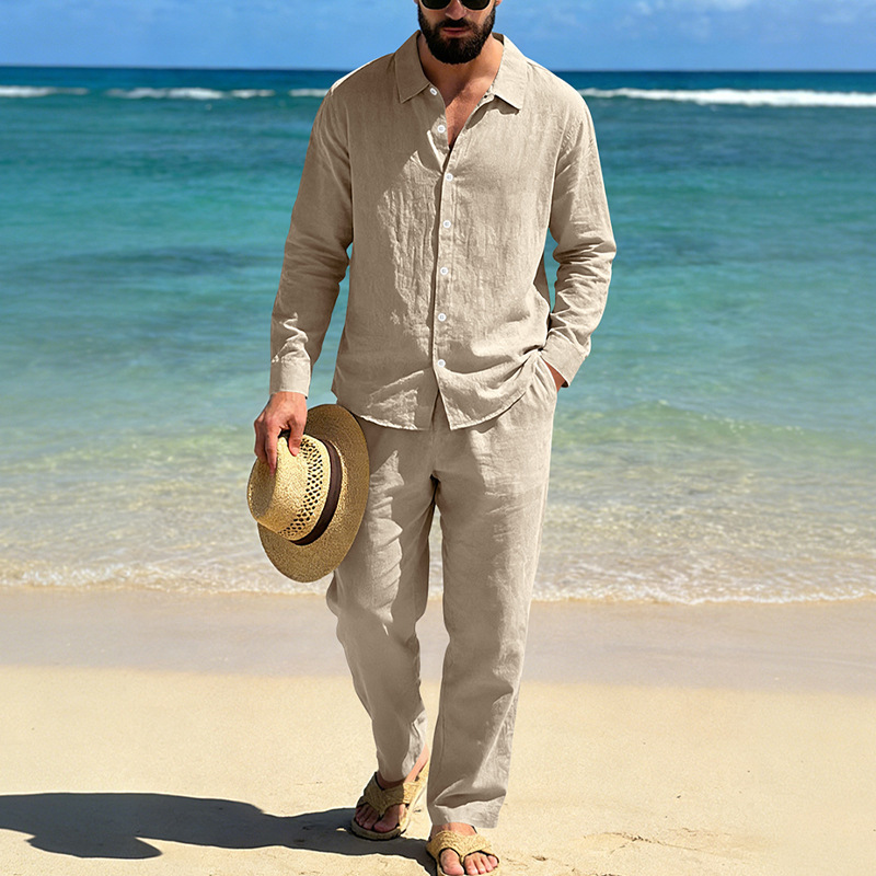 Camicia da uomo in lino a maniche lunghe, casual, primavera/autunno, da pendolare, con colletto, stile americano, pantaloni a gamba dritta, completo da spiaggia_voghion.com