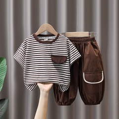 3458童裝男童夏裝套裝2023新款寶寶條紋短袖工裝帥氣兒童薄款衣服