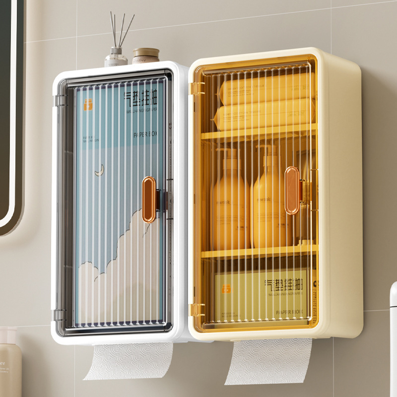 Baño Caja de dibujo de pared simple translúcida para colgar en la pared para el hogar Caja de almacenamiento de toallas de papel de puerta abatible sin perforación Caja de pañuelos