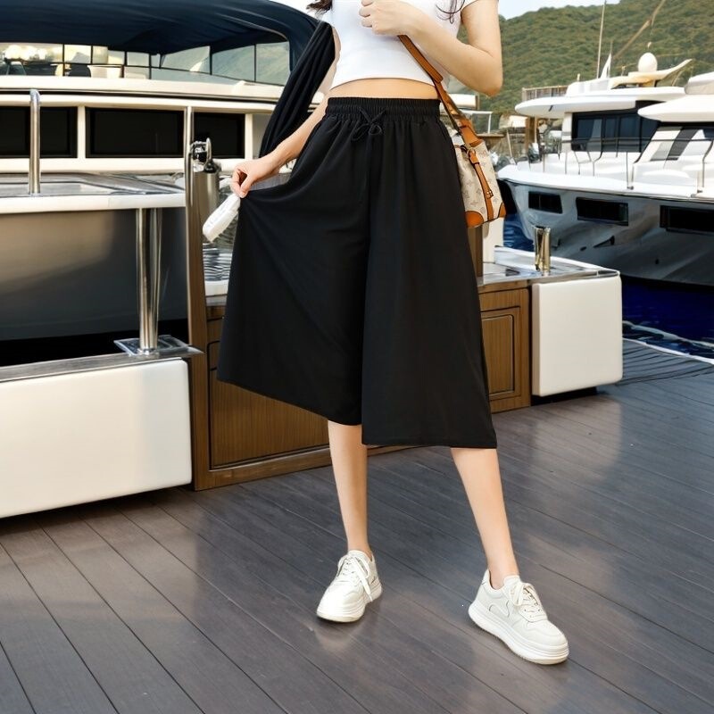 Popular Plus-Size Casual Wide-Leg Pants for Women, New Summer Style, Slimming, Loose, High-Waisted, Drapey, Drawstring, Lightweight, Cropped Pants/Skirt Popular Plus-Size Casual Wide-Leg Pants for Women, New Summer Style, Slimming, Loose, High-Waisted, Drapey, Drawstring, Lightweight, Cropped Pants/Skirt