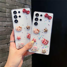 格子猫咪蝴蝶结三星S25ULTRA手机壳适用S24plus透明A17卡通A06女