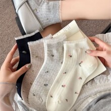 日系蕾丝边短袜女春夏薄款吸汗欧根纱罗口棉袜小碎花甜美短筒袜