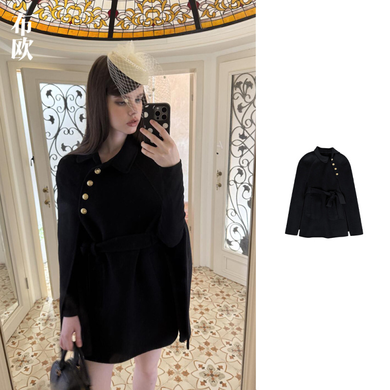 "Same Style as Nana Blogger" Black High-End Elegant Double-Sided Woolen Cape Coat