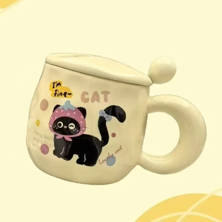 かわいいミルクFUFU黒猫マグカップ蓋付きスプーンで女の子に誕生日プレゼント高颜値プレゼントカップオフィス朝|undefined