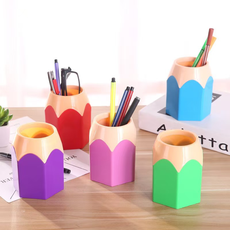 Creative Cute Pencil Head Contrasting Color Pen Holder Office Study Stationery Desktop Storage Bucket Large Capacity Plastic Pen Holder