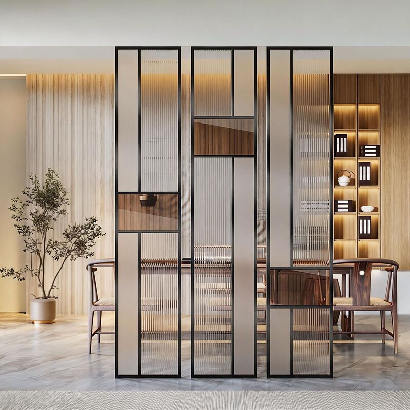 Minimalist Metal Grille Partition, Light Luxury Stainless Steel, Long Wave Glass, Simple Hotel Villa Entrance Decorative Partition Wall
