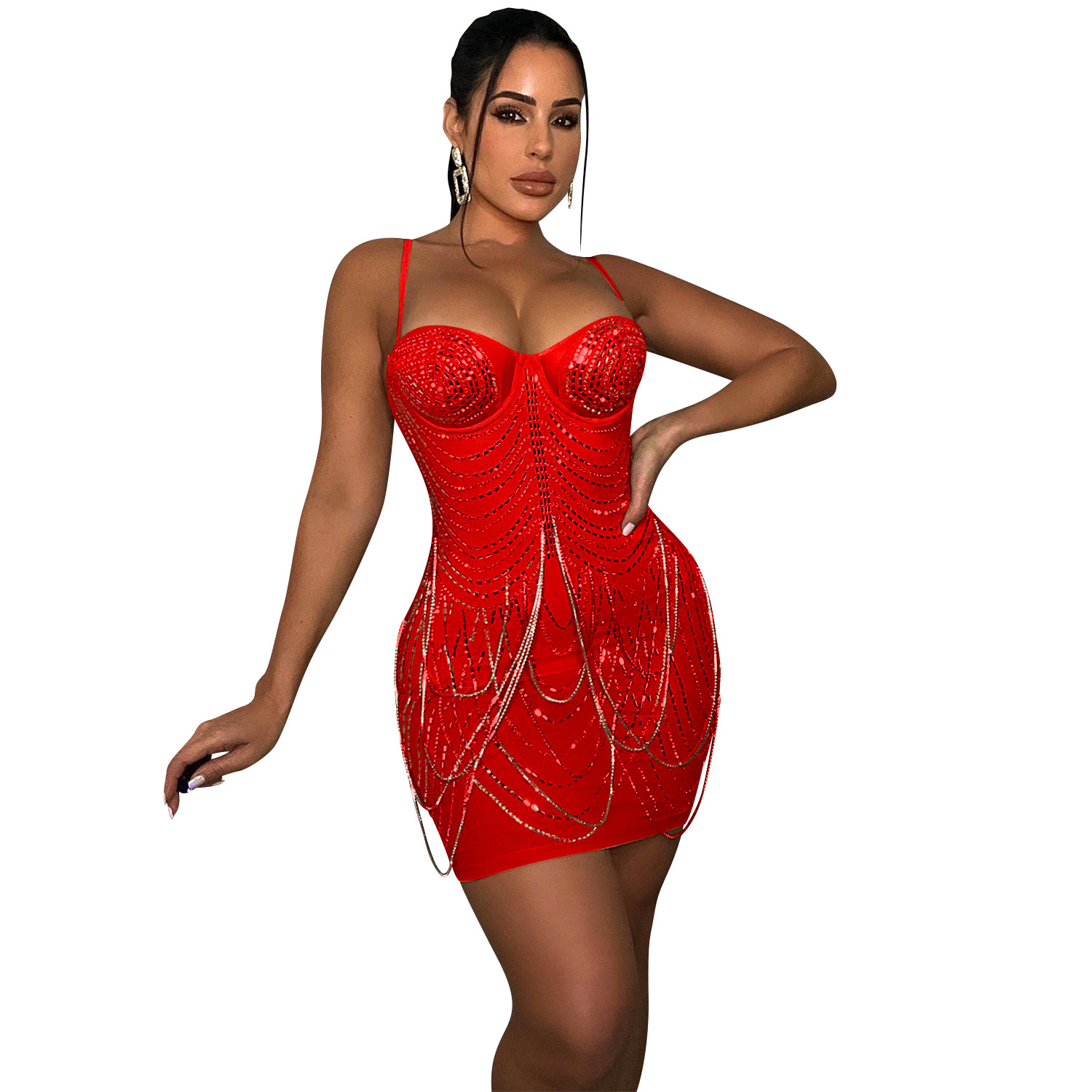 C5868 moda europea y americana nueva AliExpress Amazon sexy discoteca caliente rhinestone perspectiva Sling vestido ropa de las mujeres