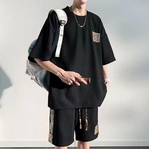 Chic Brand National Trend Little Bear Large Size Set for Men Summer Fashion Youth Short Sleeve Shorts Casual Sports Style Two-Piece Set