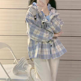 韩系高级设计感小众衬衣女2025春季法式复古百搭宽松格子衬衫外套