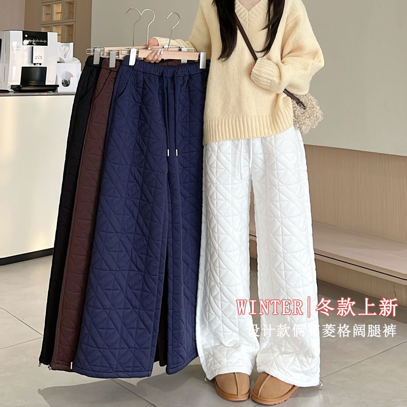 2025新款夹棉保暖长裤菱格压线阔腿裤冬季加厚时尚宽松显瘦棉裤女