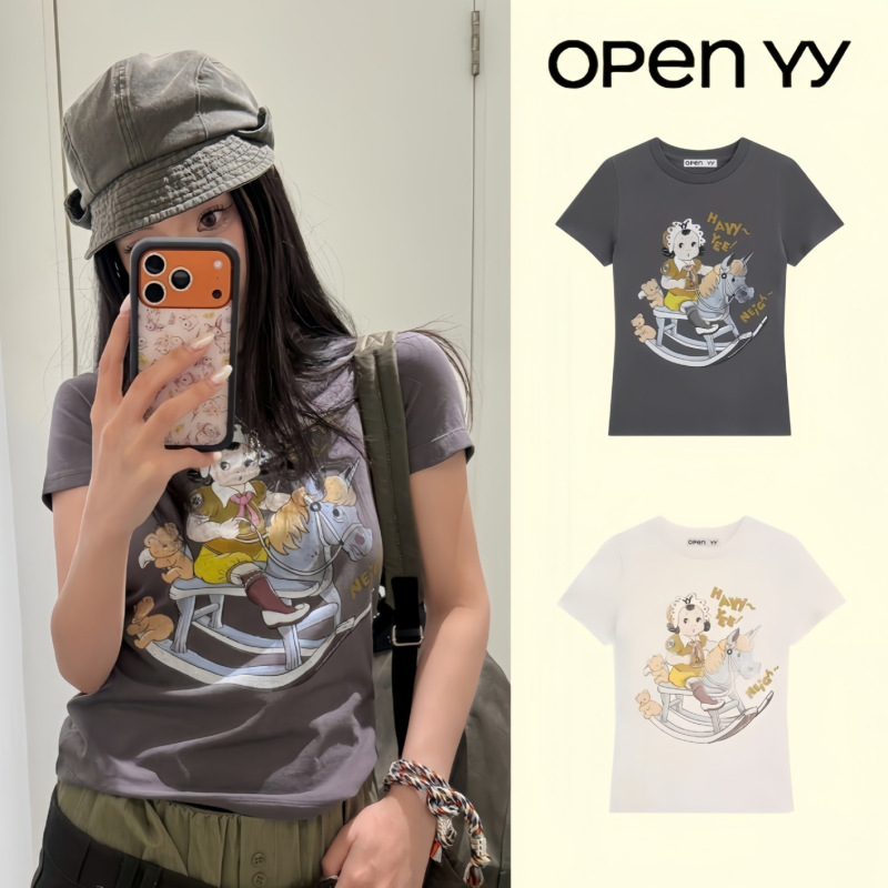 Korean Niche Fashion Brand Open Yy Short-Sleeve T-Shirt with Limited Edition Year of the Horse Design, Early Spring New Model with Wooden Horse Baby Print