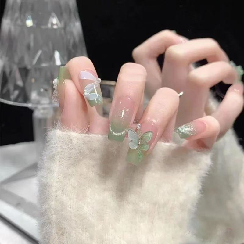 Fresh Green Gradient Long Wearable Nails Pearl Ribbon Stereo Flower Butterfly Manicure Fake Nail Patch