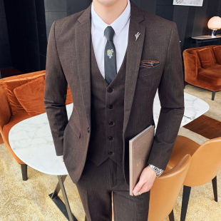 Foreign Trade Men's Three-Piece Suit Korean Style Groom's Wedding Dress Business Men's Brown Large Size Suit