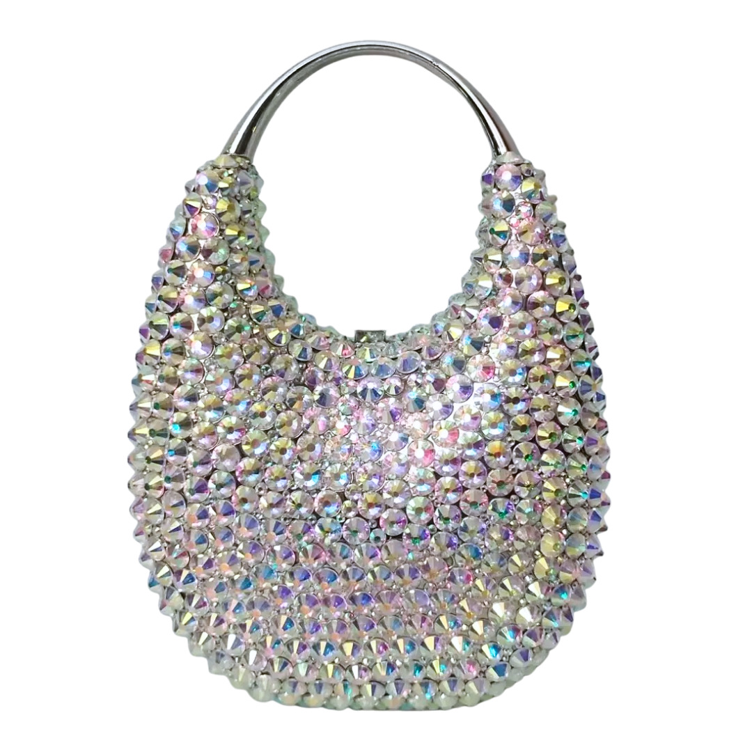 Túi satchel nữ hình bầu dục đính pha lê kim cương sang trọng dự tiệc — vàng nhạt, sâm panh, hồng, bạc