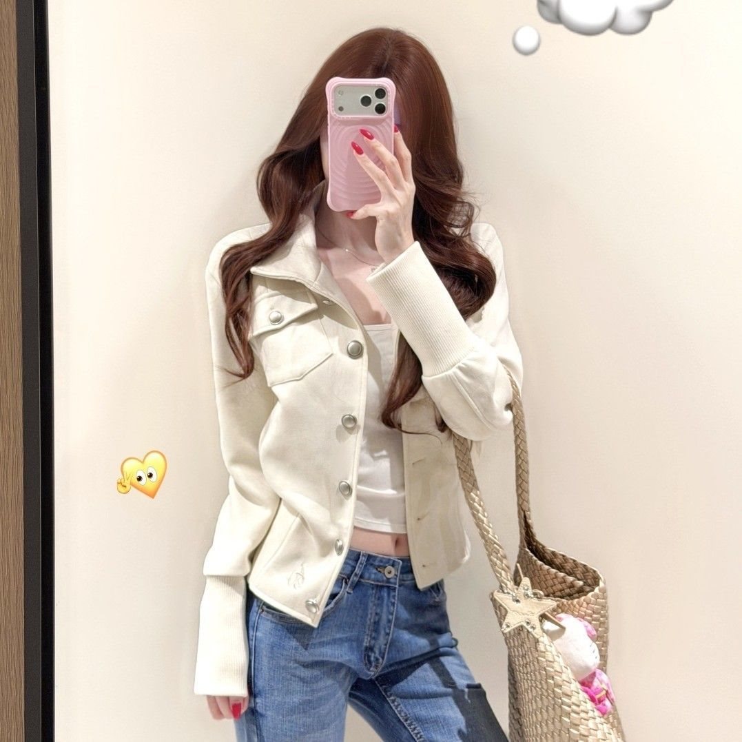 韩系米白色高级短外套女春秋季新款设计感修身百搭显瘦长袖夹克