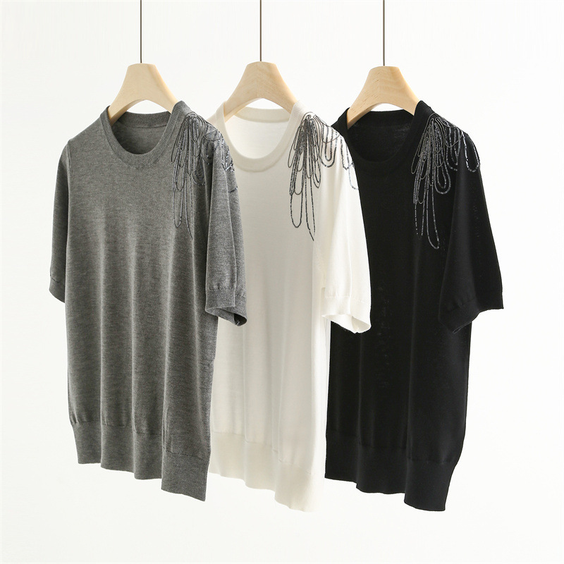 Spring and Summer New Bc Luxury Shoulder Chain Heavy Embroidery Sequin Round Neck Silk Wool Knit Sweater Top 16142