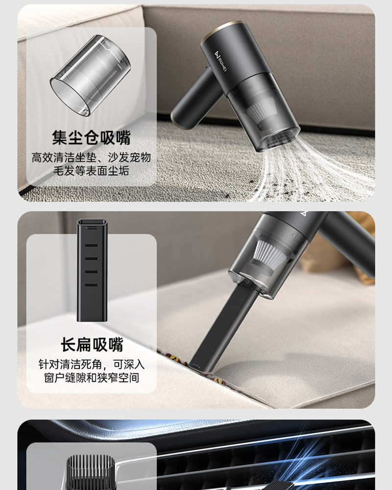 Buwai Car Vacuum Cleaner, Handheld, Small, High Suction Power, for Car Interior and Home Use, Wireless, Cross-Border