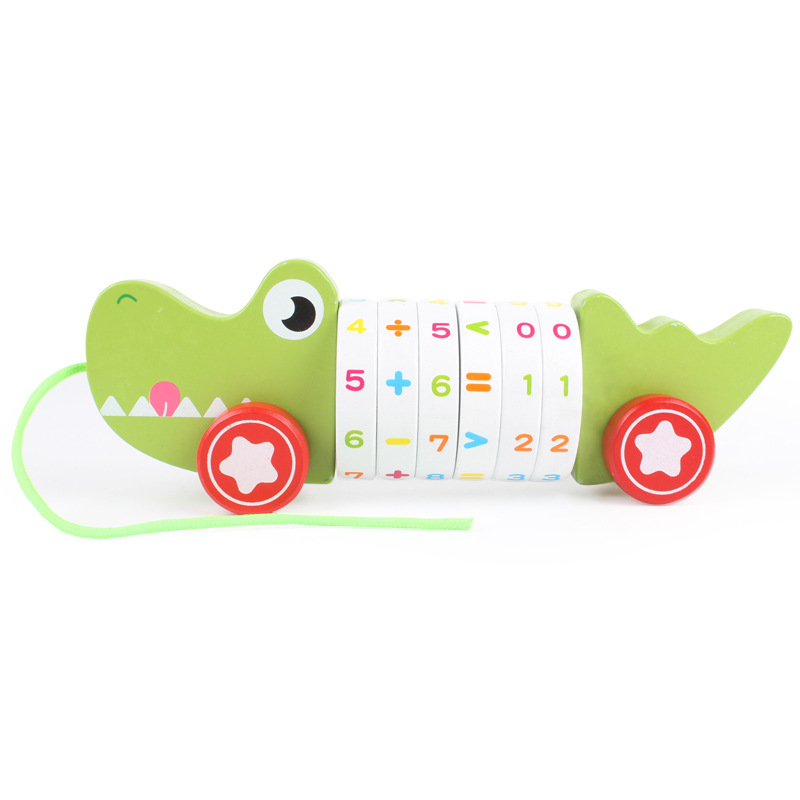 Niños dibujos animados digital cachorro animal remolque coche de madera coche de juguete cachorro de madera cocodrilo remolque juguete
