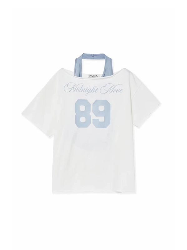 在庫あり韓国ニッチトレンディブランドアメリカンスタイルホルターネックオフショルダーレターナンバー半袖Tシャツベストスーツ女性用|undefined