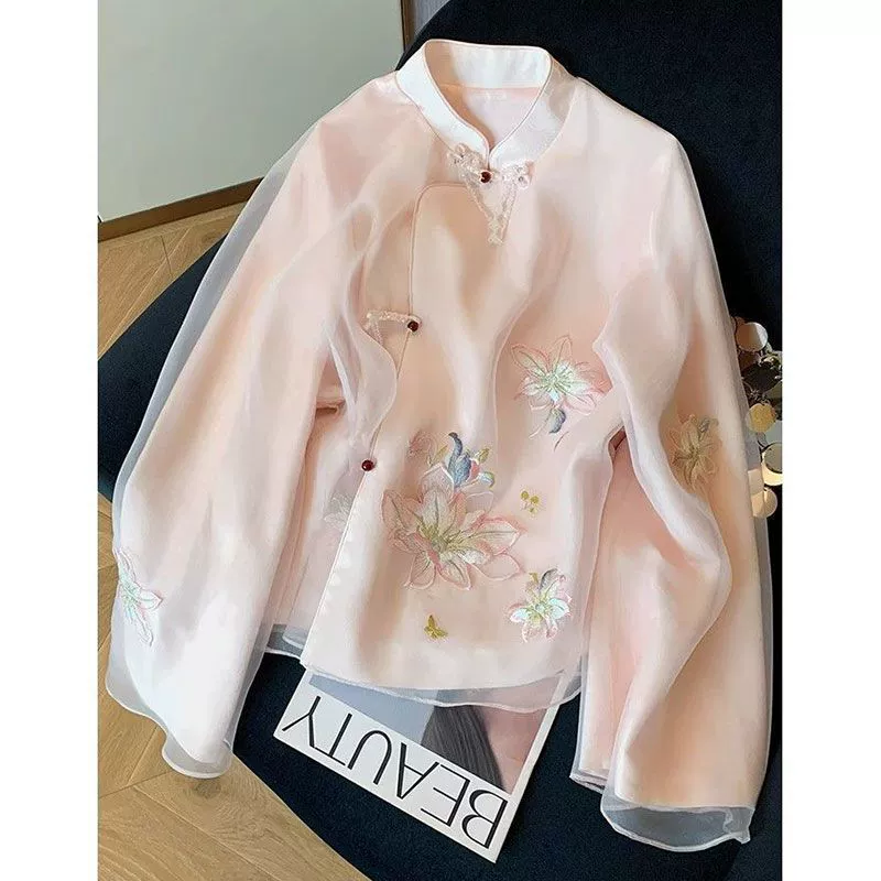 Новый китайский розовый воротник с длинным рукавом рубашка женский 2025 новый летний национальный стиль версия нежный сладкий темперамент тонкий