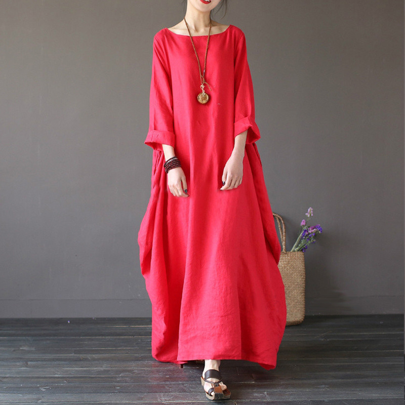 Plus Size Solid Color Loose Cotton And Linen Dress NSYF116835