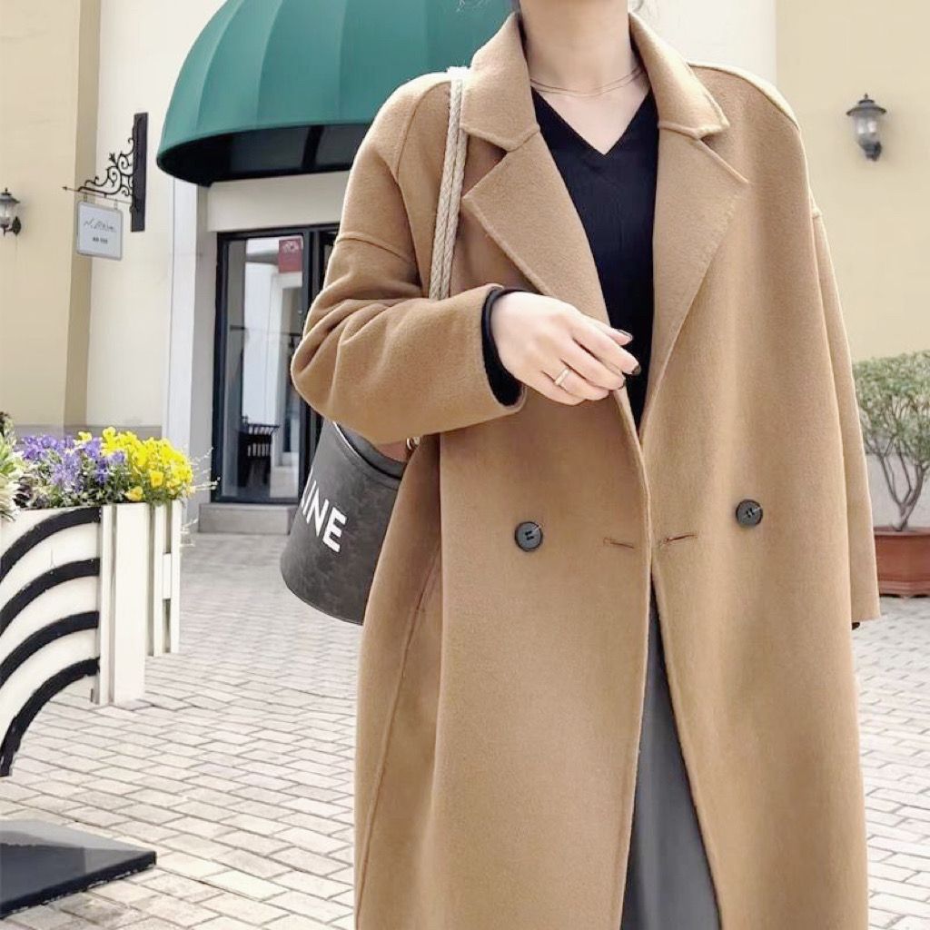 韩系双面羊毛大衣女气质中长款2022年新款宽松大衣外套复古廓形欧