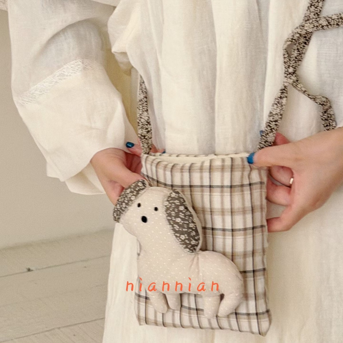 niannian autumn and winter new handmade cartoon plaid floral trendy children's shoulder crossbody bag handbag