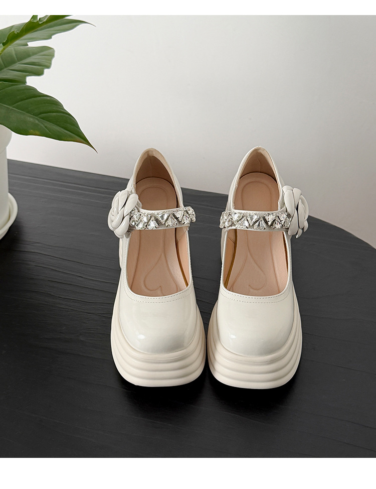 Giày sandal cao gót nữ quai ngang đế dày gót 9 cm đính hoa pha lê — màu đen, màu hồng, màu trắng ngà chi tiết 20