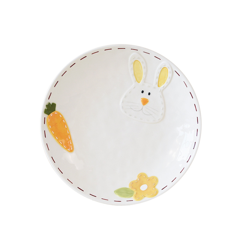 Lindo plato de conejo de dibujos animados, vajilla, plato casero, plato plano de comida occidental en relieve, plato de cerámica ceremonial para niños
