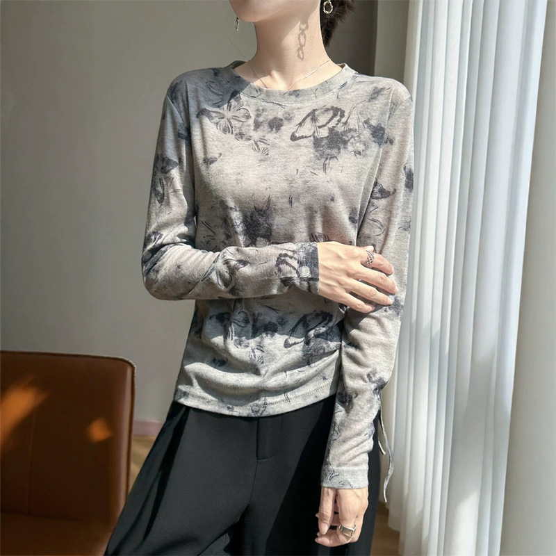 Ink Wash Print Long-Sleeve Knit Top for Women, Round Neck, Drawstring Waist, Thin Base Layer, New Spring/Summer Versatile Style