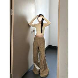 港风黄油画分割做旧水洗黄色牛仔裤女2024设计感宽松显瘦阔腿长裤