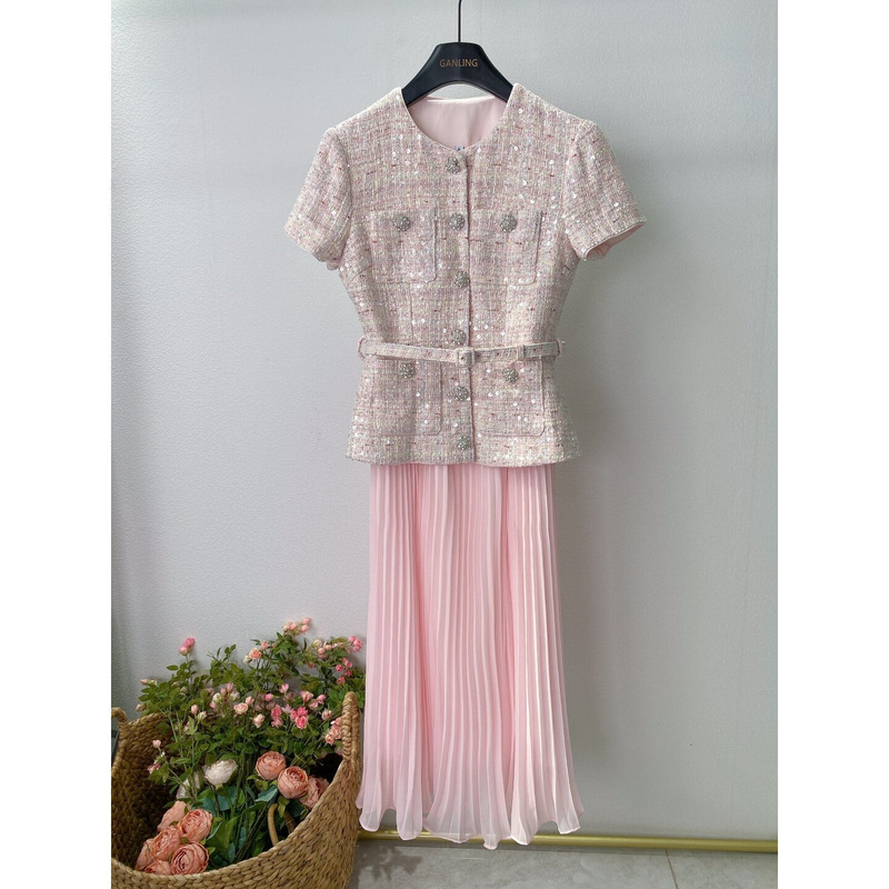 Elegant Socialite Style 26 New Model Pink Tweed Sequin Faux Two-Piece Pleated Long Dress