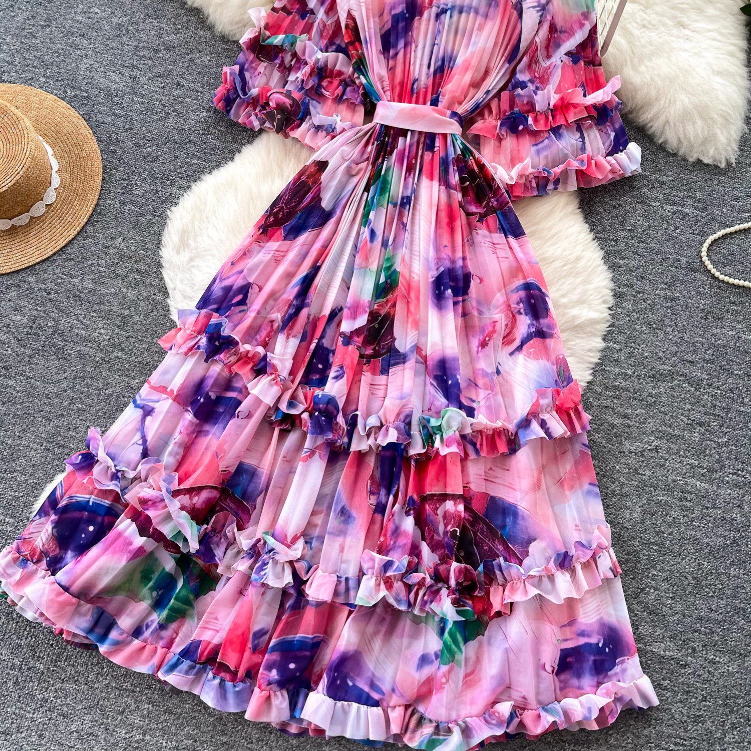 Floral Print Puff Sleeve Dress Women's Korean Style Retro Court Long Fairy Like Ruffled Tie Waist Dress_ecoleips.com