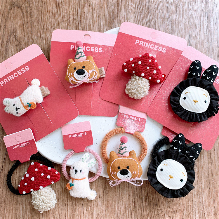 Autumn and winter children's cute cartoon rabbit and bear hair clips mushroom hairbands girls' ponytail holders elastic hair ties that won't damage hair