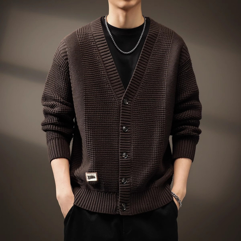High-end Cardigan Sweater Men's Autumn New Fashion Brand Deep Curry Color V-neck Sweater Men's Casual Top Clothes