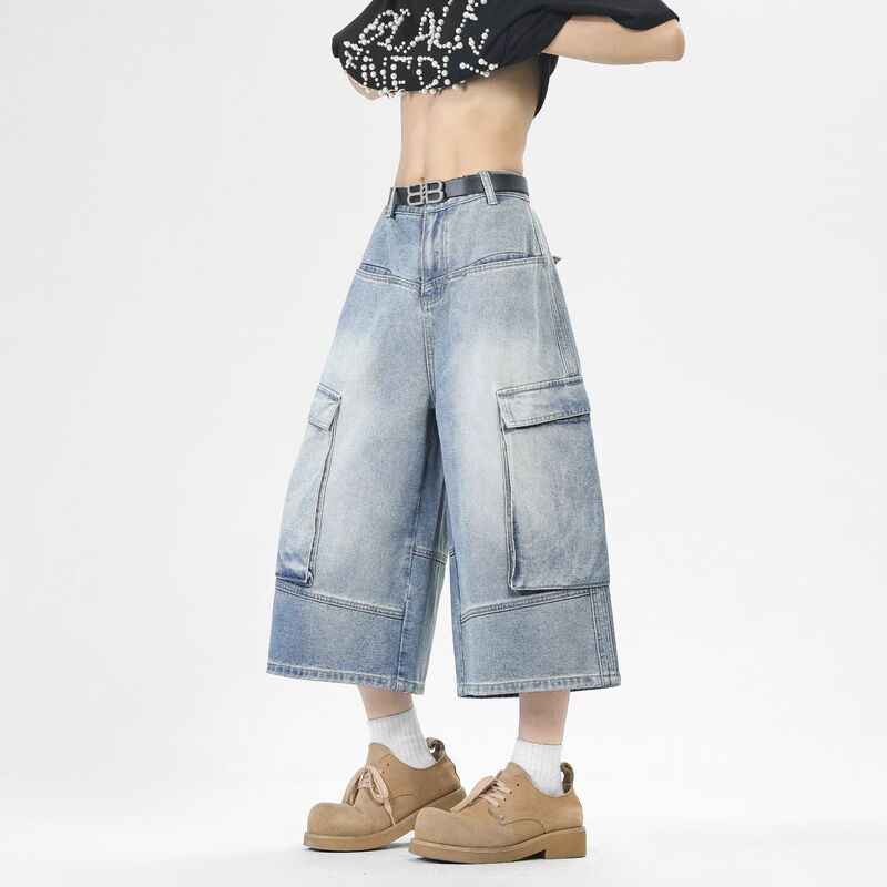 American-Style Three-Dimensional Side-Pocket Denim Cropped Wide-Leg Pants for Men, Mid-Waist, Loose Fit, Vintage Washed, Everyday Commute Mid-Length Pants