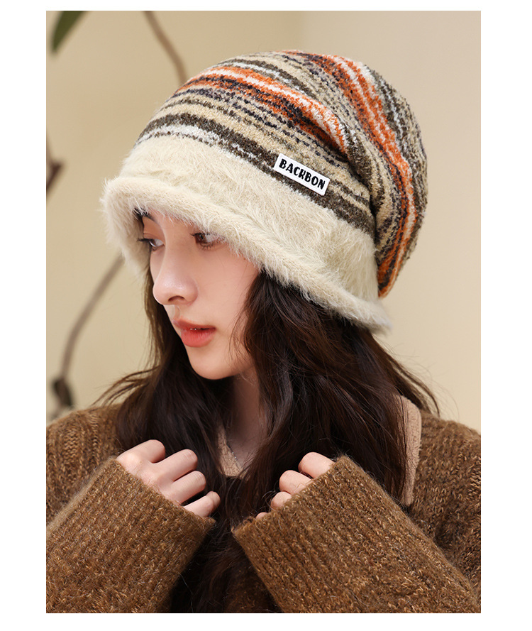 Cappello invernale da donna in maglia a blocchi di colore, stile coreano, stile retrò, con protezione per le orecchie, versatile e caldo, a righe_voghion.com