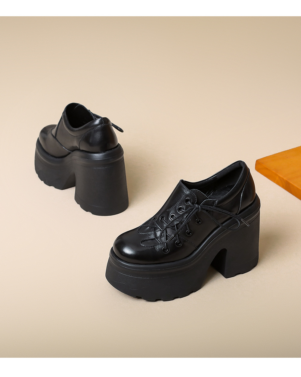 Giày cao gót nữ da thật phong cách Anh quốc cổ điển gót vuông 12 cm đế platform — màu nâu chi tiết 13