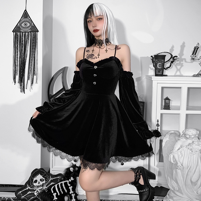 Gothic Style Long Sleeve Lace Lolita Slip Dress NSGYB99721