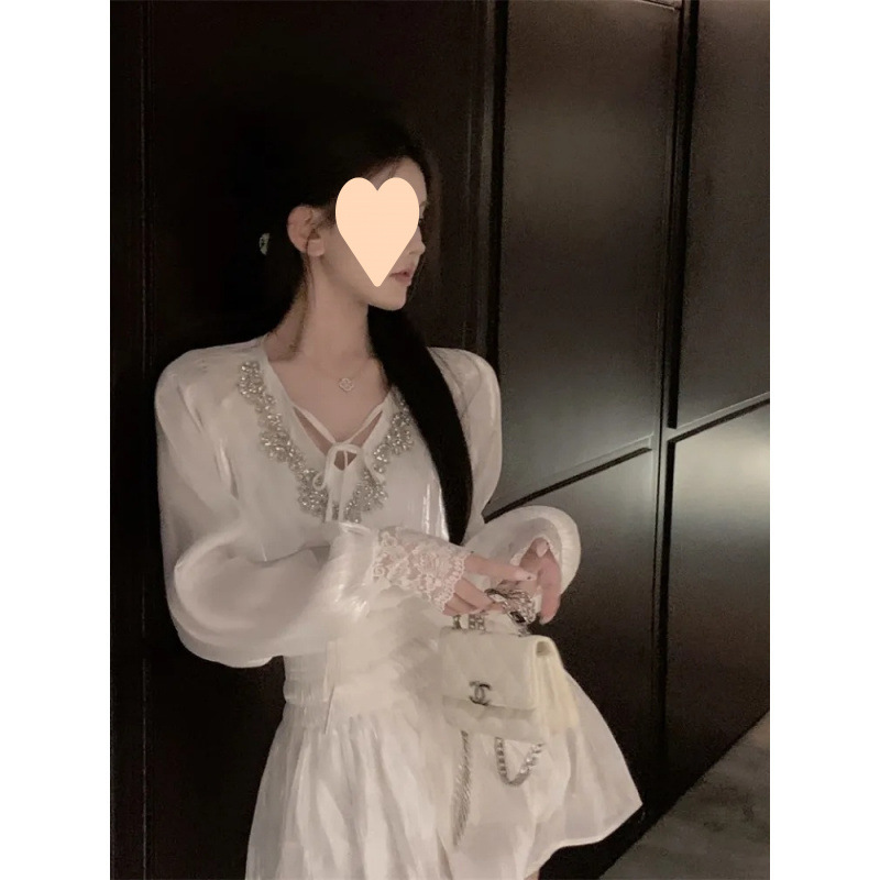 French-style gentle chiffon set, heavy work beaded long-sleeved collar blouse for women, autumn high-waist lettered half-body skirt two-piece set