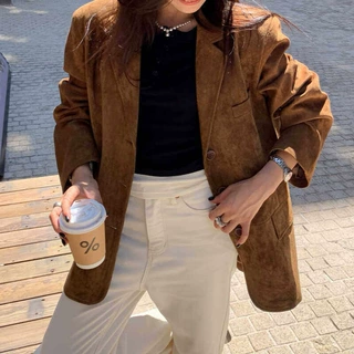 预售美拉德麂皮绒西装外套女秋季韩系复古宽松休闲棕色西服