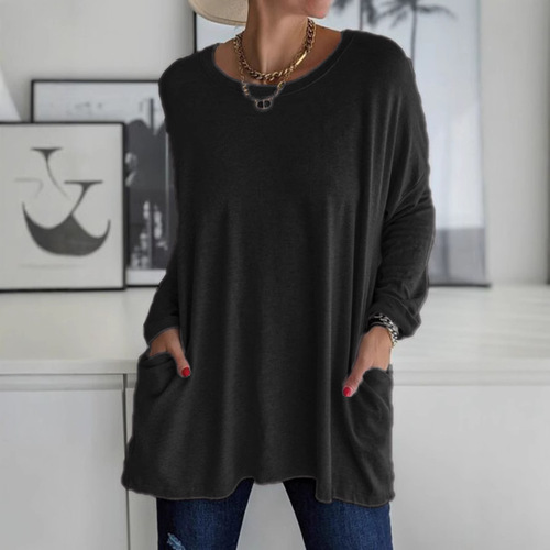 wish spring and summer new European and American round neck, long sleeves, loose pockets, pure color T-shirt, casual women's clothing