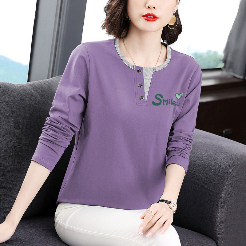 Cotton Long Sleeve T-Shirt Women's 2025 New Style plus size Middle-aged Mother Loose Belly Covering Top Base Shirt for Autumn and Winter