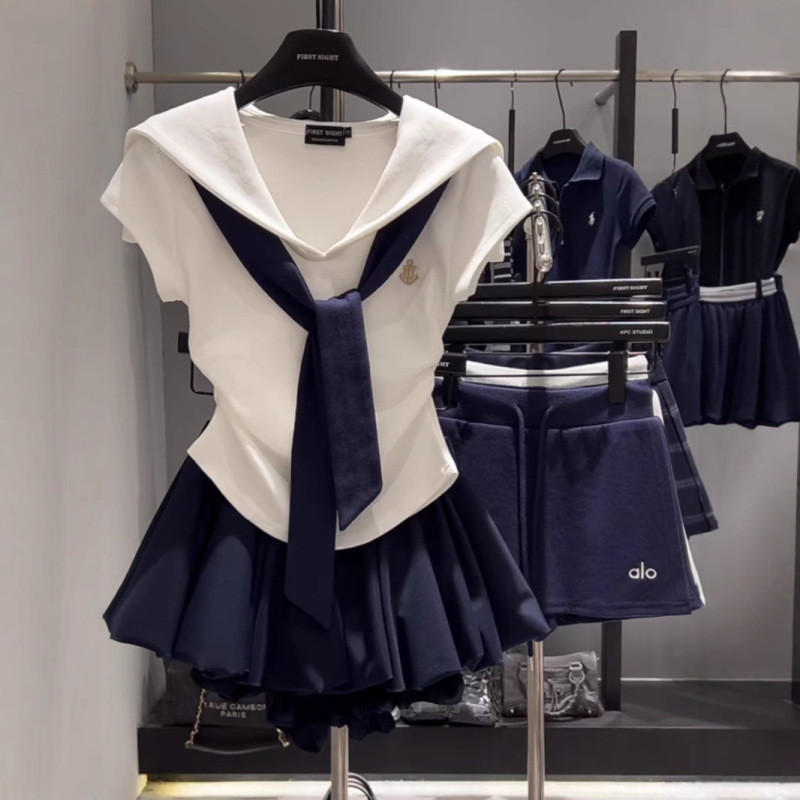 2025 New Summer College Style Cotton Navy Collar Suit Sweet and Fresh Top Embroidered Fluffy Skirt