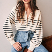 2021秋季亚马逊ebay速卖通wish日系女装V字领宽松型条纹长袖毛衣