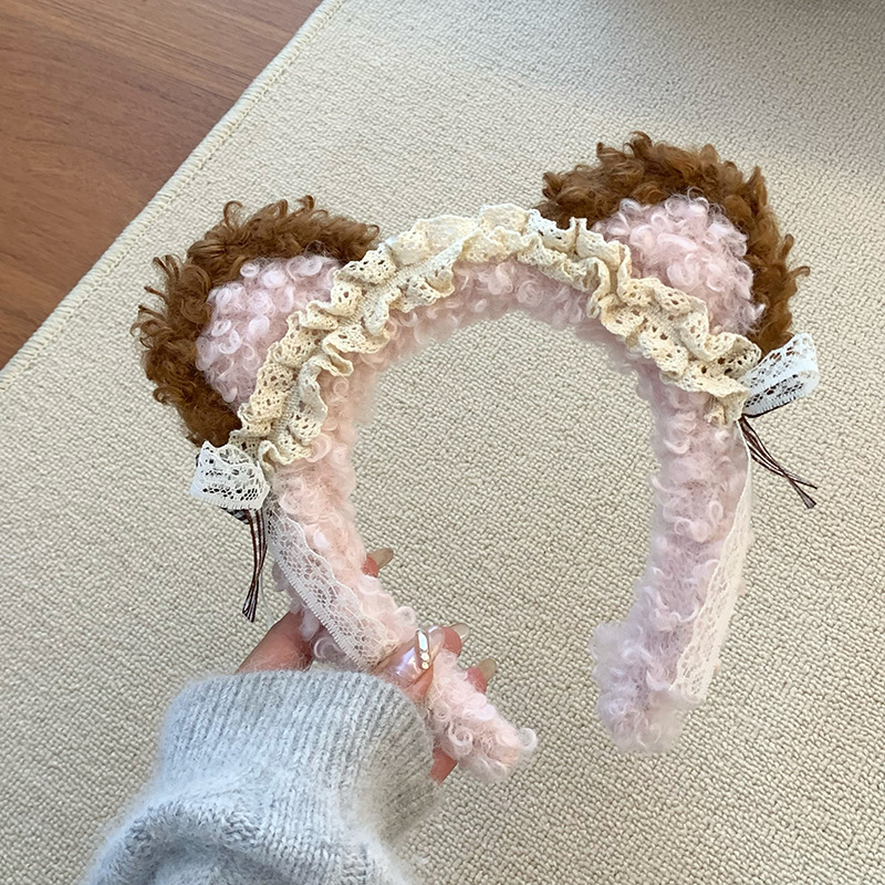 Bonito oso orejas cabello de cordero de encaje en el hogar lavarse la cara 2024 nuevo red lavarse la cara