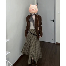 2025三件套女韩系穿搭秋冬季新款西装麂皮外套打底上衣格纹半身裙