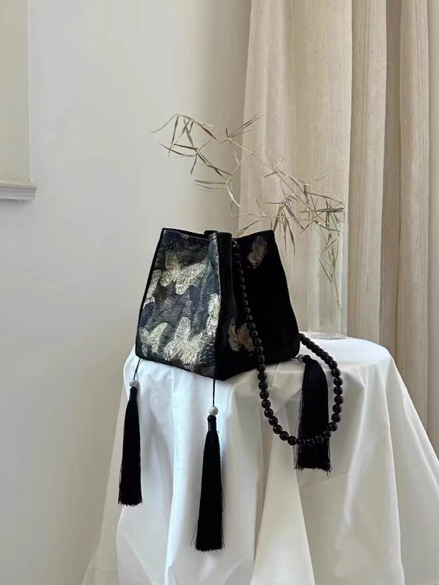 Qadın Retro Tassel Bucket Çanta, Beaded Zəncirli Çiyin Çantası