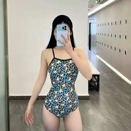 跨境连体竞速泳衣女 俏皮豹纹印花后背绑带性感一件式泳装 游泳衣